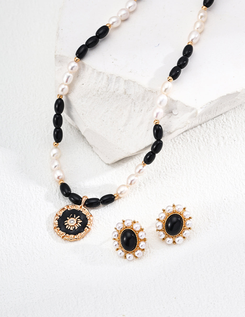 Onyx Pearl Halo Earrings